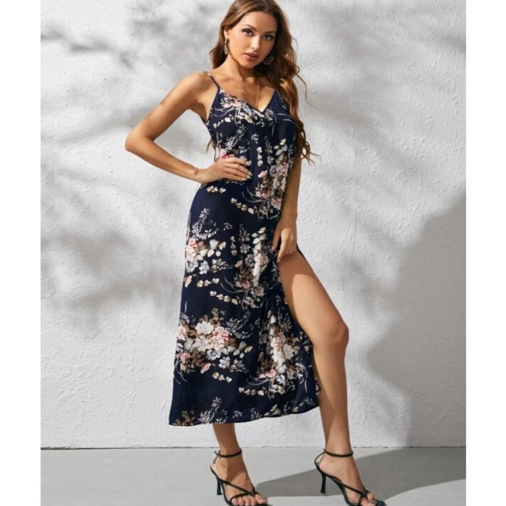 SALE NEW! Sizes 6. 8/10 or 12 Low Back Split Thigh Floral Print Slip Dress - Picture 1 of 3